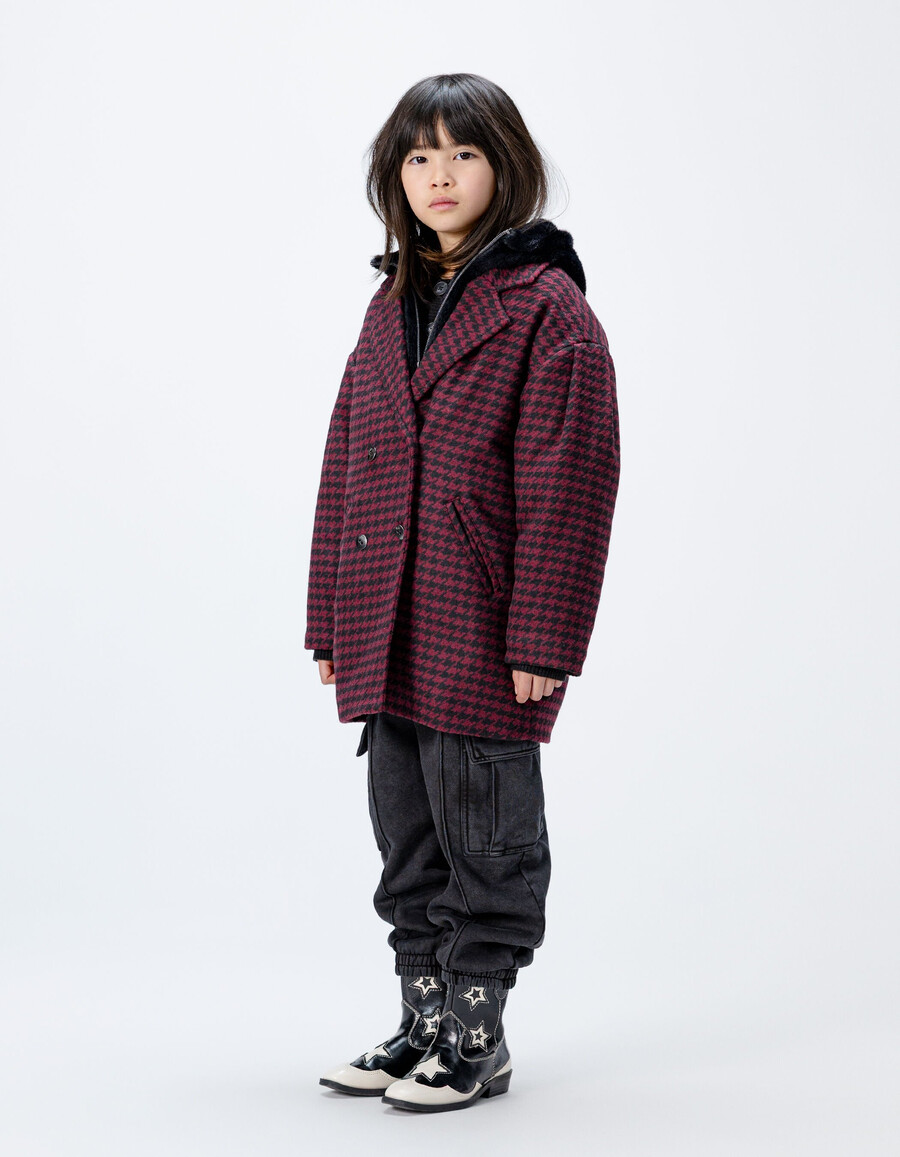 cappotto a quadri neri con cappuccio per bambine