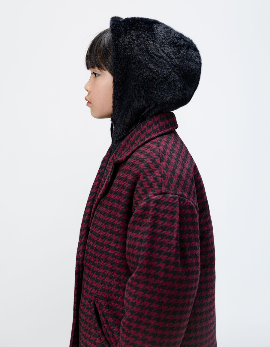 cappotto a quadri neri con cappuccio per bambine