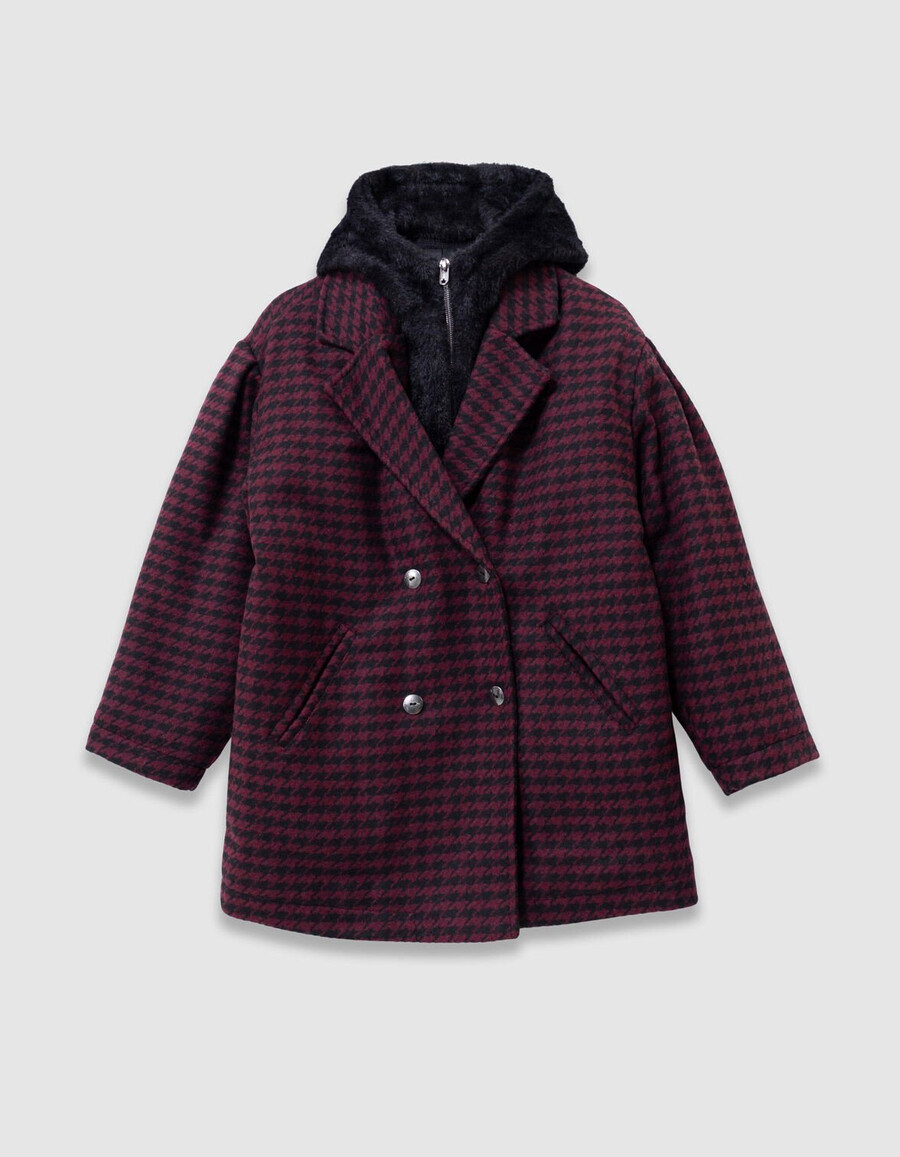cappotto a quadri neri con cappuccio per bambine