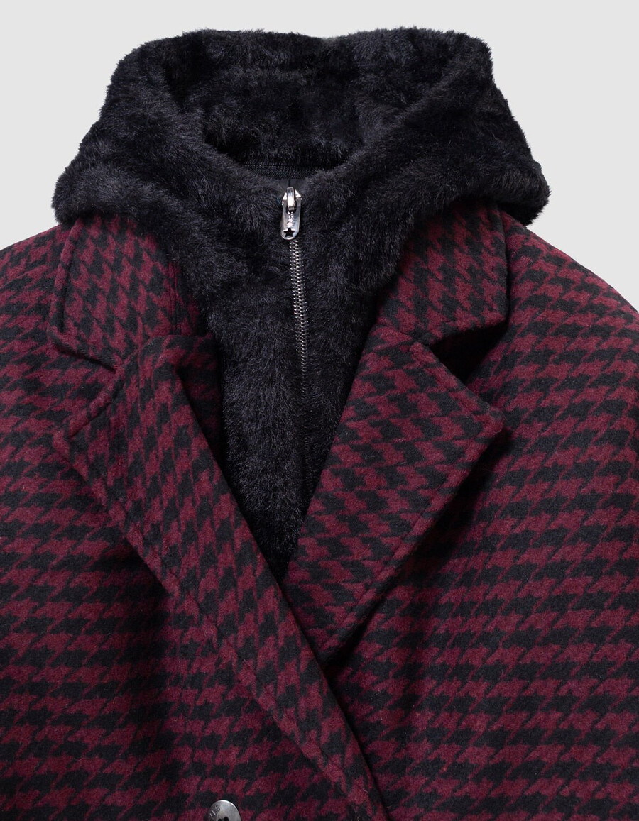 cappotto a quadri neri con cappuccio per bambine