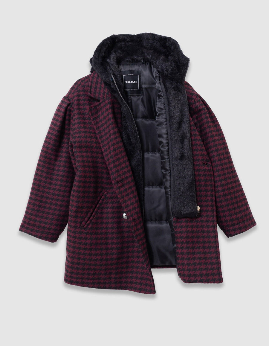 cappotto a quadri neri con cappuccio per bambine