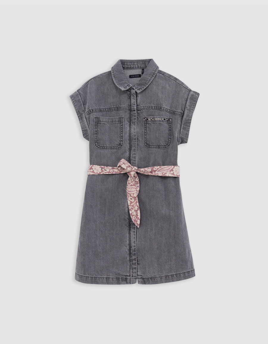 vestito in denim grigio con cintura stampata in cotone biologico per bambina