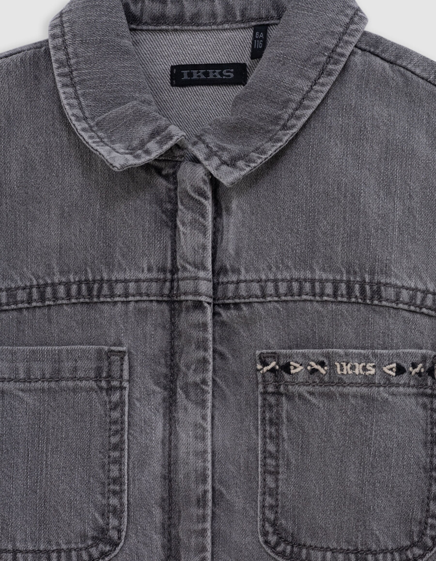 vestito in denim grigio con cintura stampata in cotone biologico per bambina