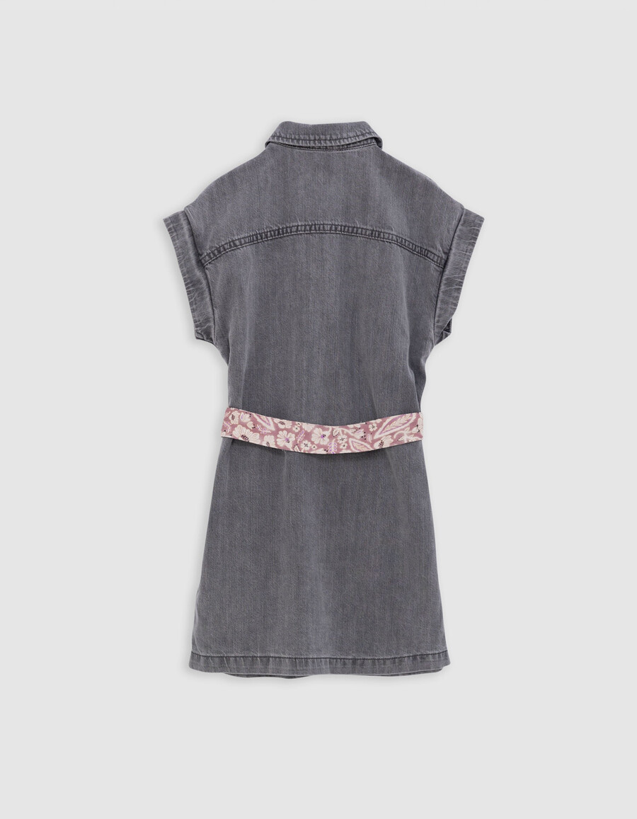 vestito in denim grigio con cintura stampata in cotone biologico per bambina