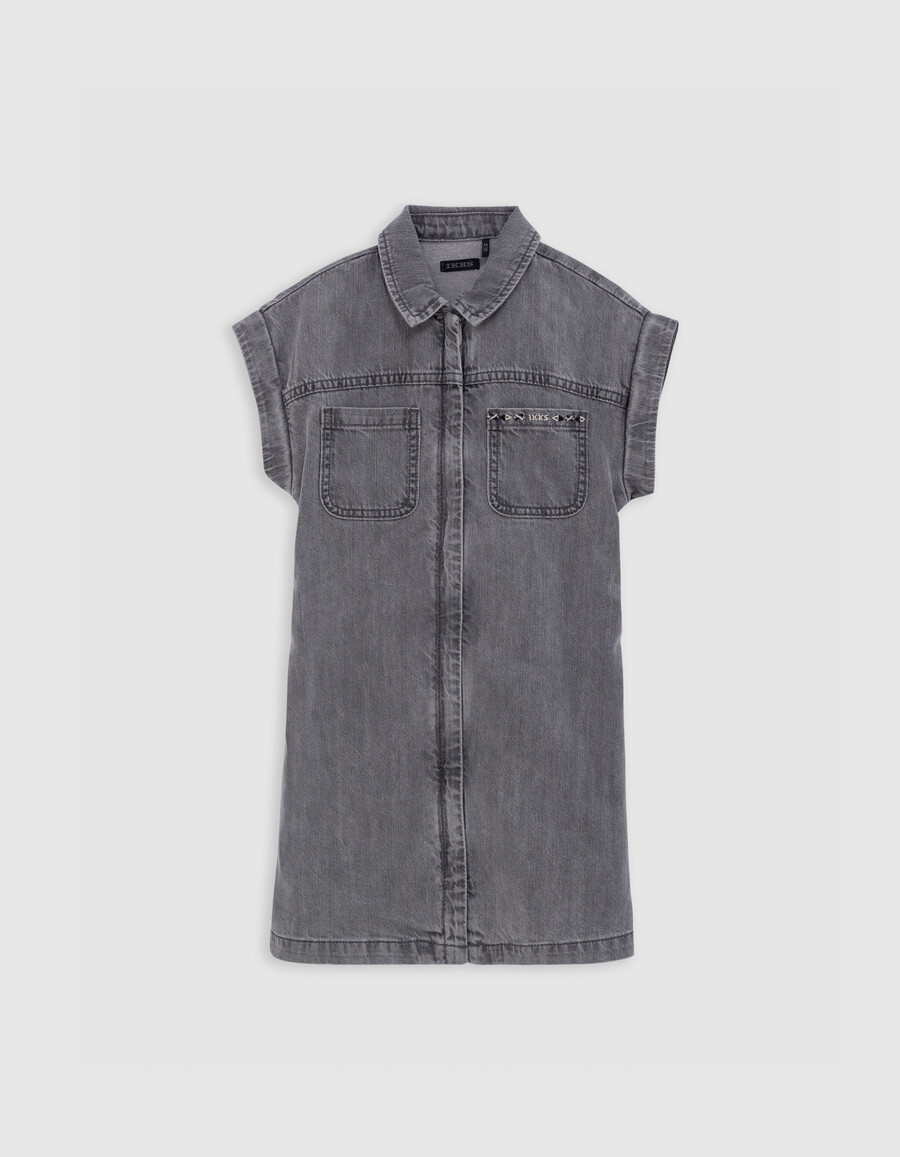 vestito in denim grigio con cintura stampata in cotone biologico per bambina