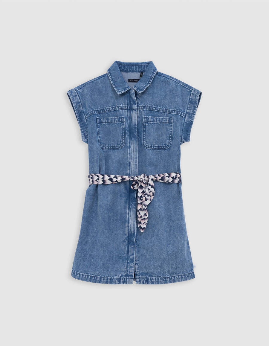 abito in denim blu con cintura stampata per bambina
