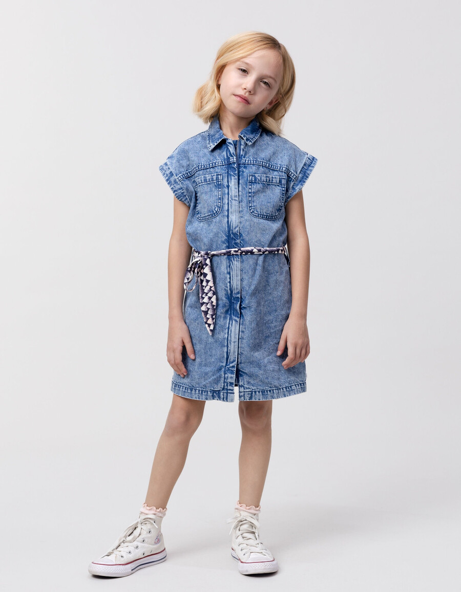 abito in denim blu con cintura stampata per bambina