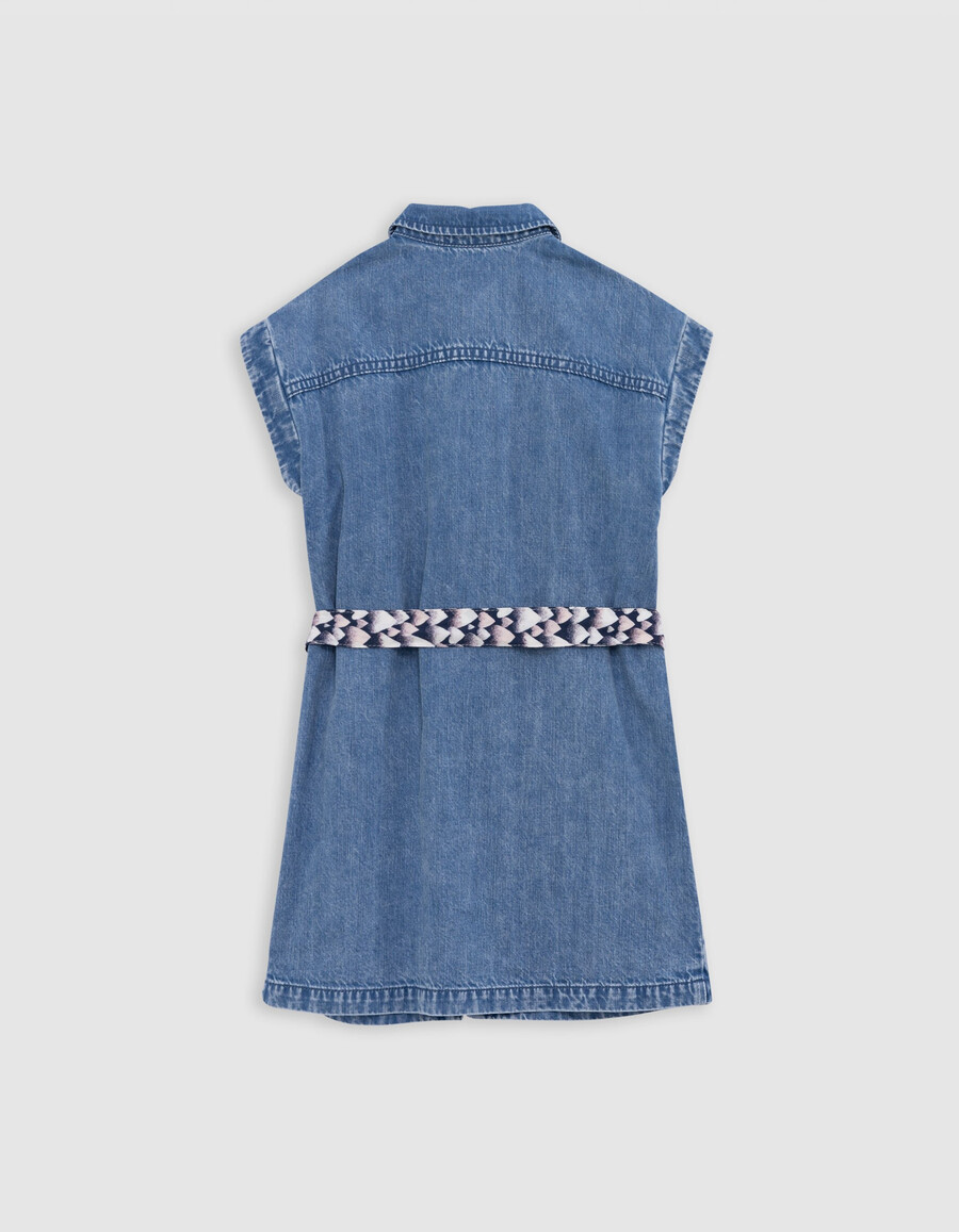 abito in denim blu con cintura stampata per bambina