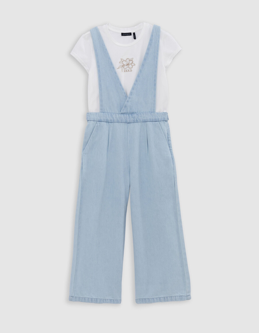 completo di salopette e maglietta in denim blu per bambina