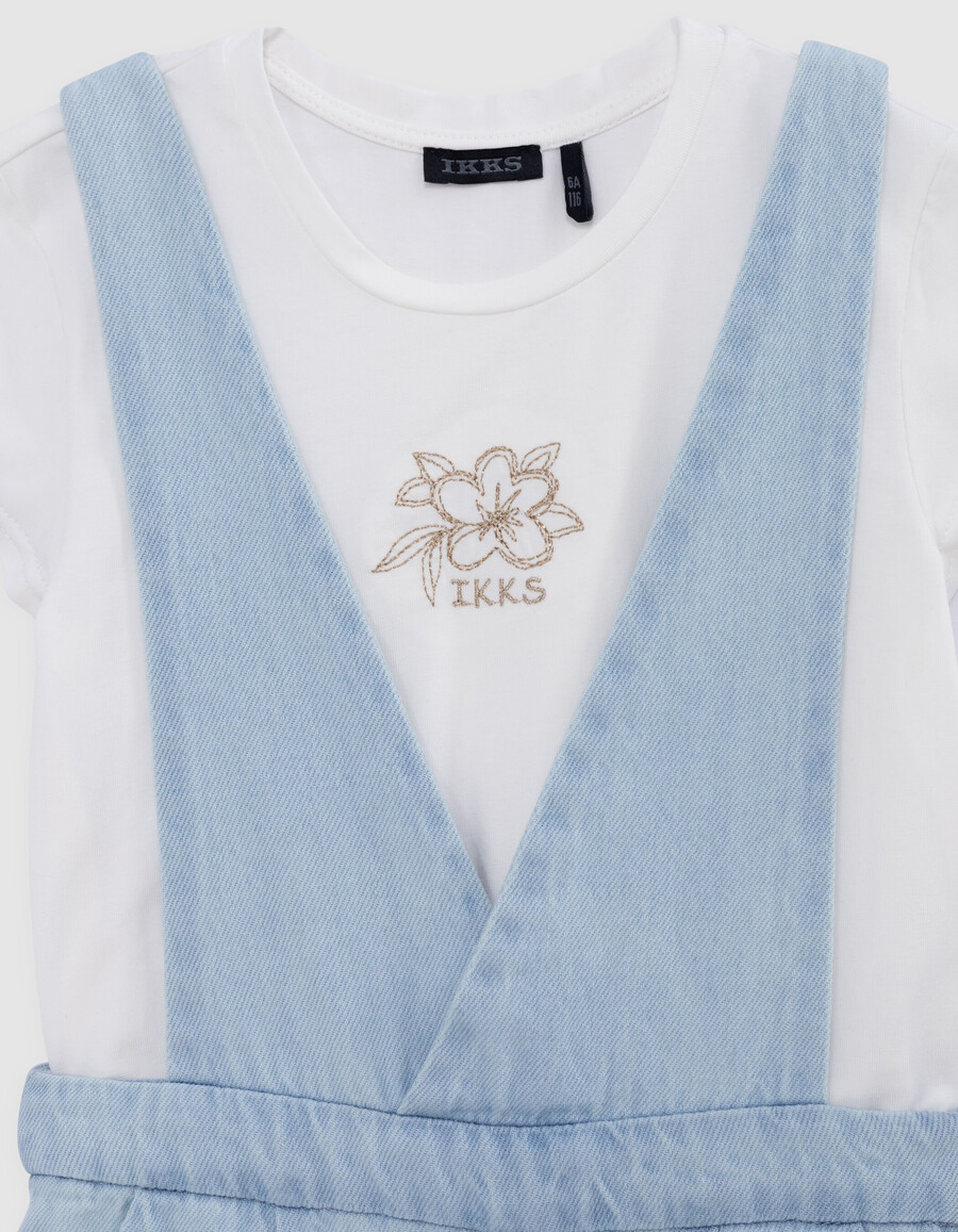 completo di salopette e maglietta in denim blu per bambina
