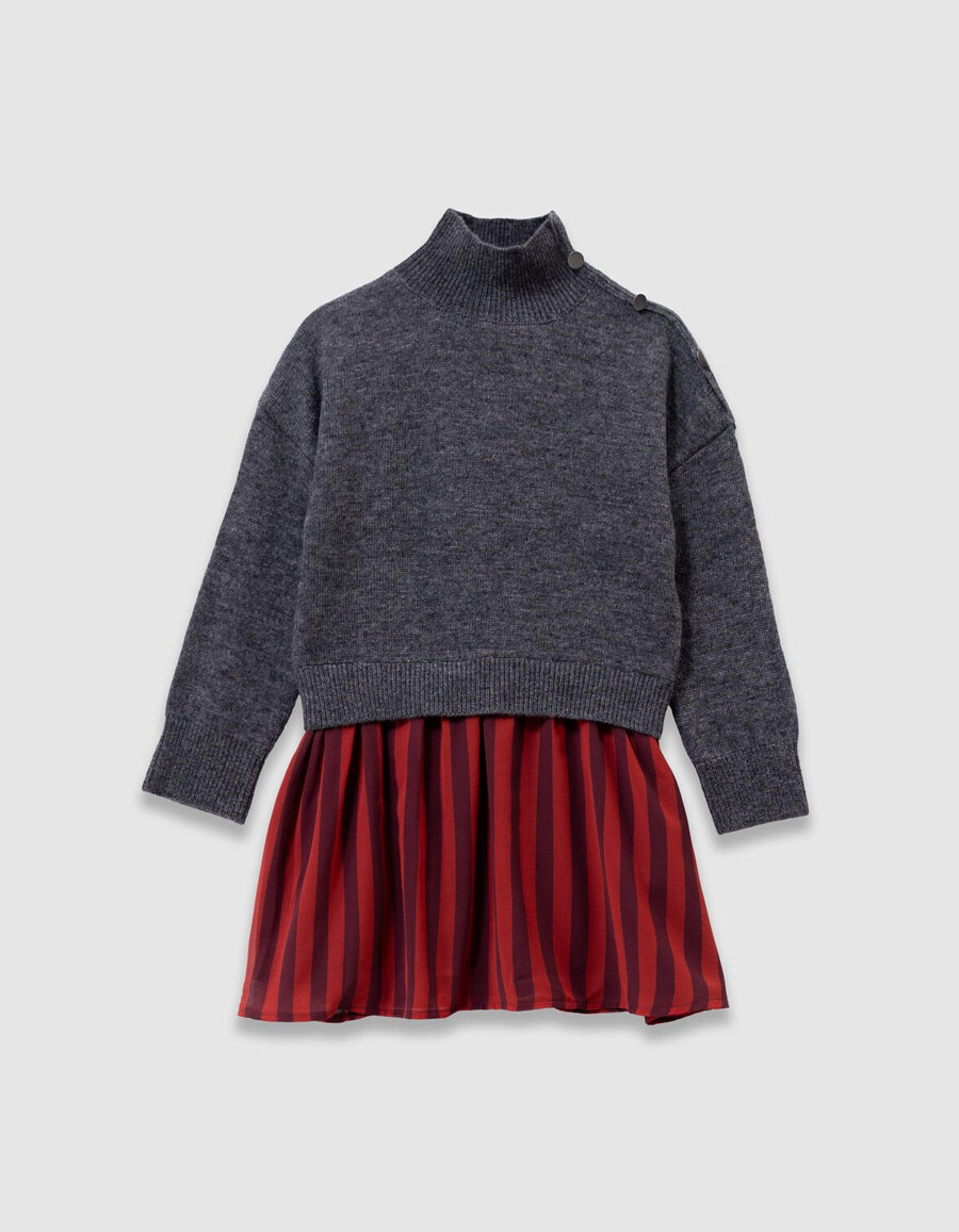 abito da bambina in maglia grigia con tessuto misto e strisce rosse