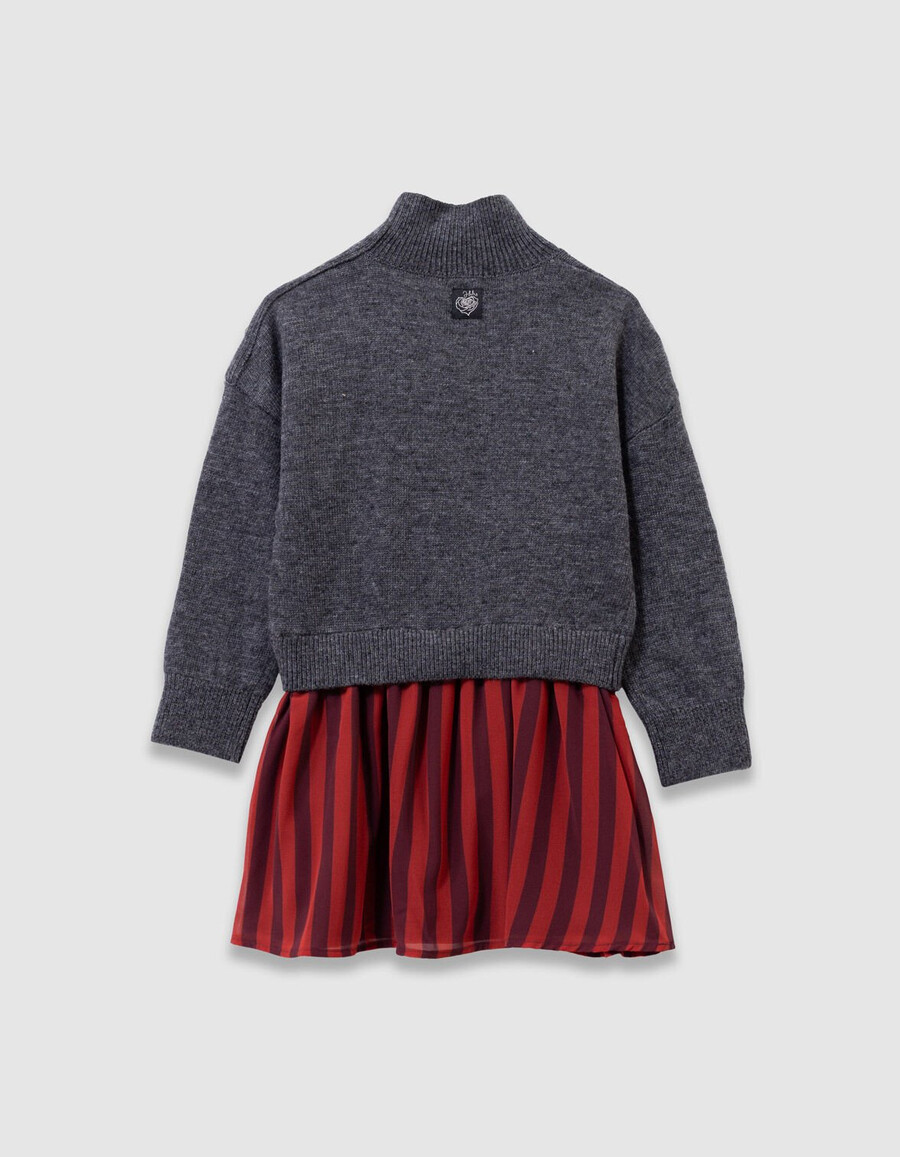 abito da bambina in maglia grigia con tessuto misto e strisce rosse