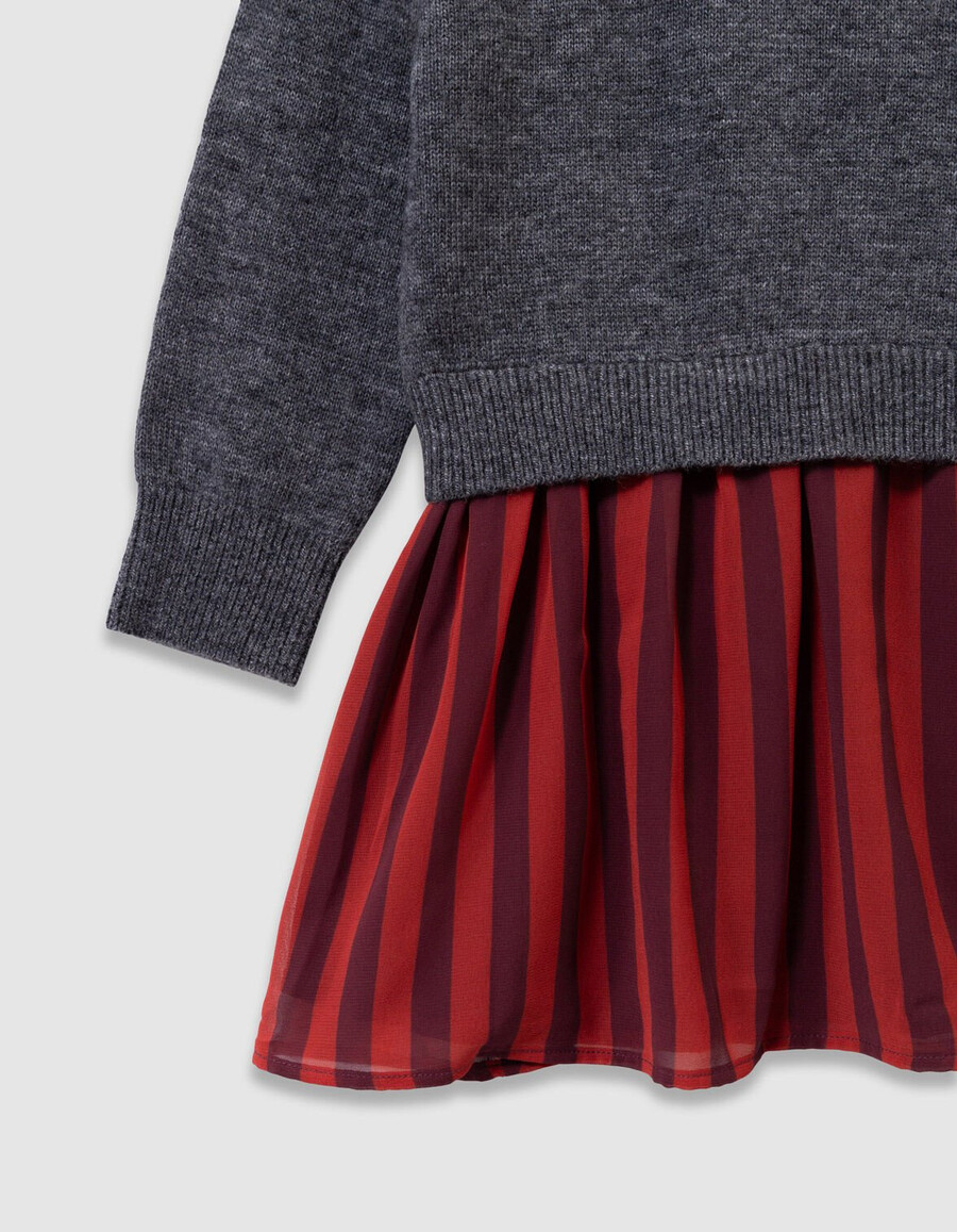 abito da bambina in maglia grigia con tessuto misto e strisce rosse