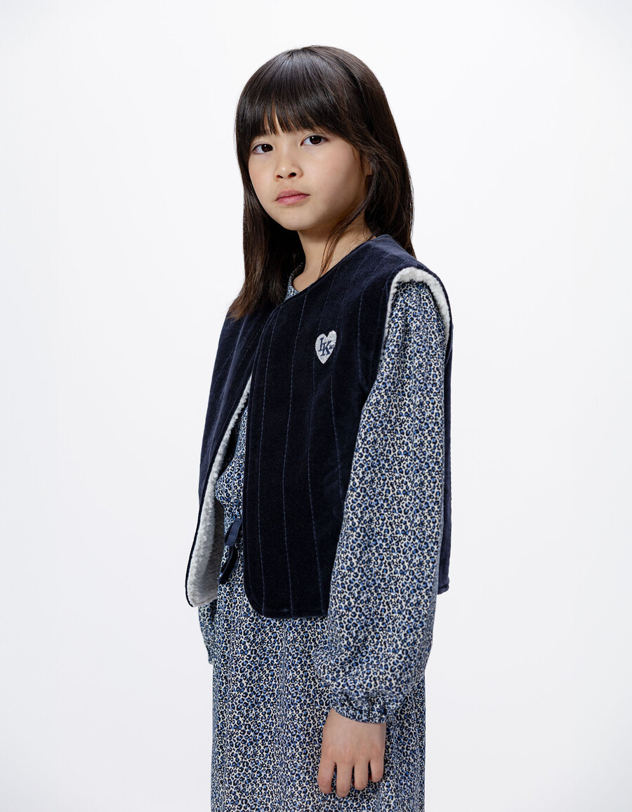 abito e gilet 2 in 1 con stampa leopardata e fiocco blu navy per bambine