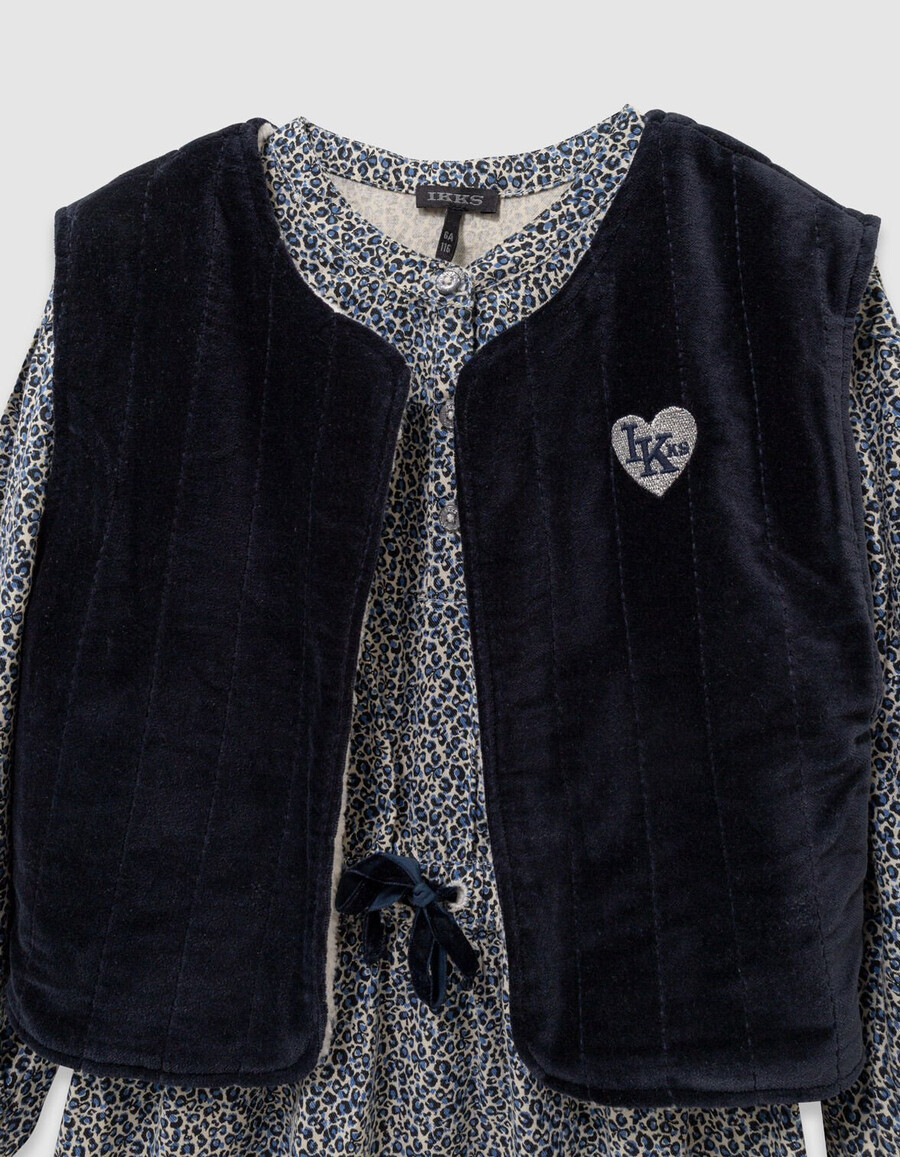 abito e gilet 2 in 1 con stampa leopardata e fiocco blu navy per bambine