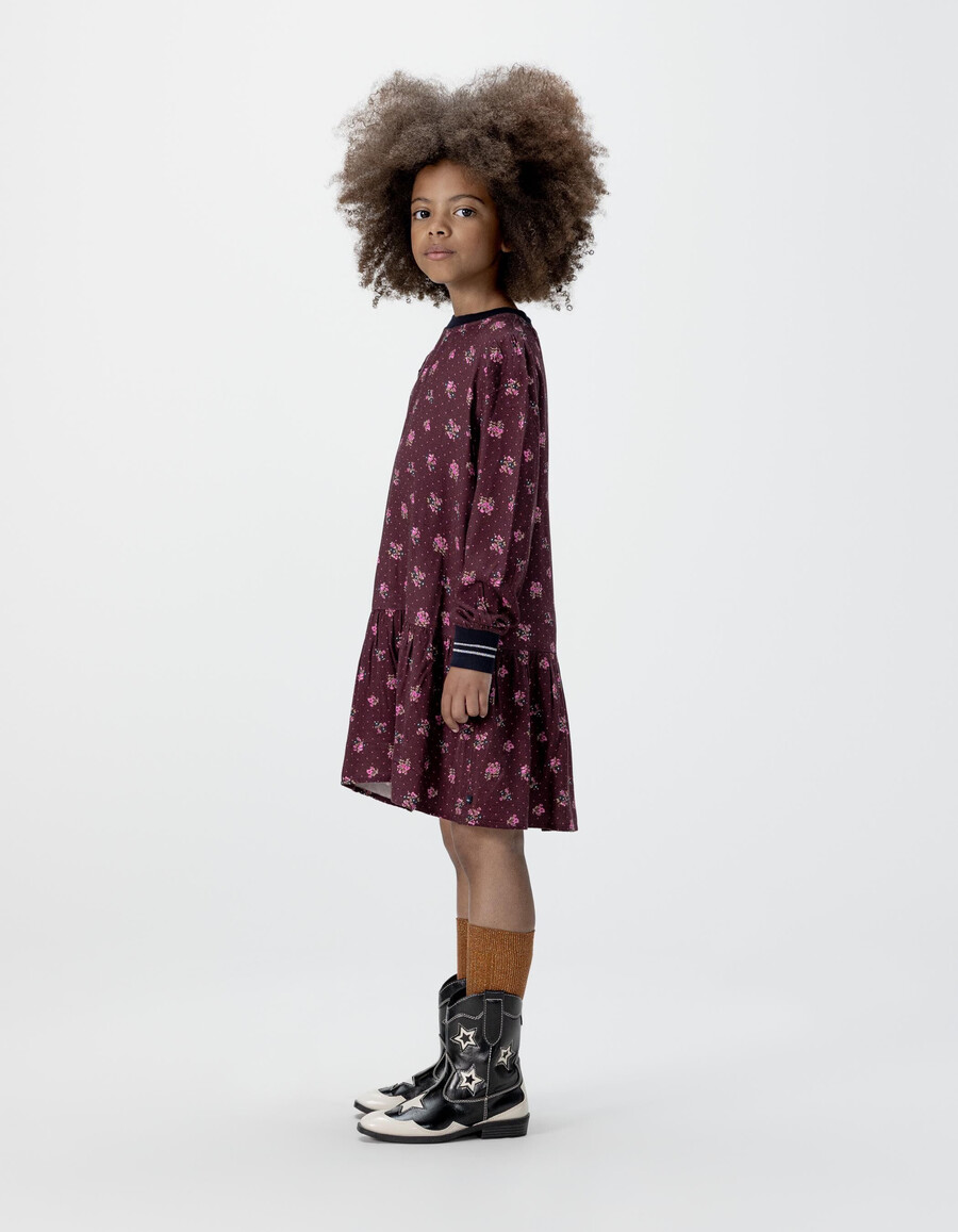 abito da bambina a maniche lunghe color bordeaux con stampa a bouquet