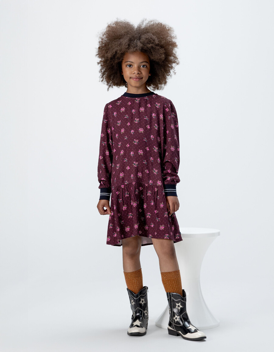 abito da bambina a maniche lunghe color bordeaux con stampa a bouquet