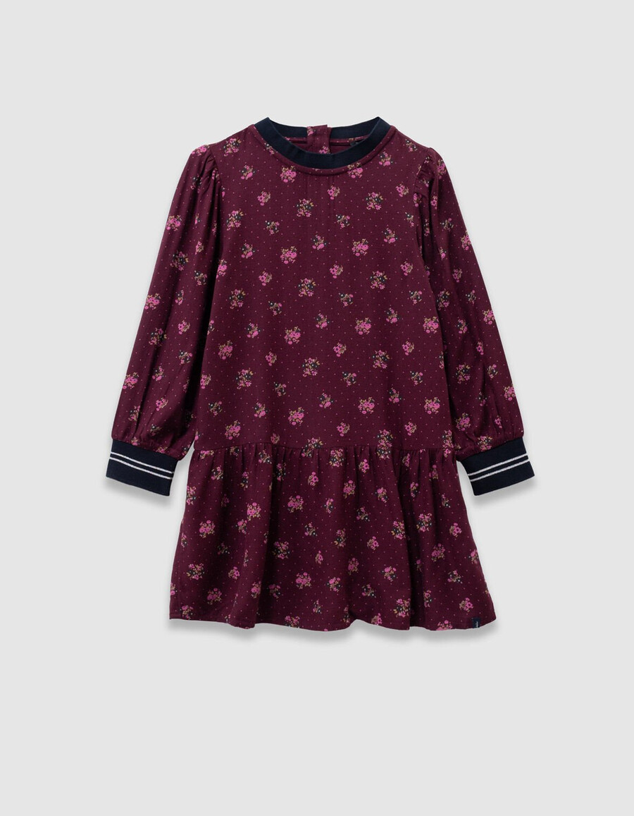 abito da bambina a maniche lunghe color bordeaux con stampa a bouquet