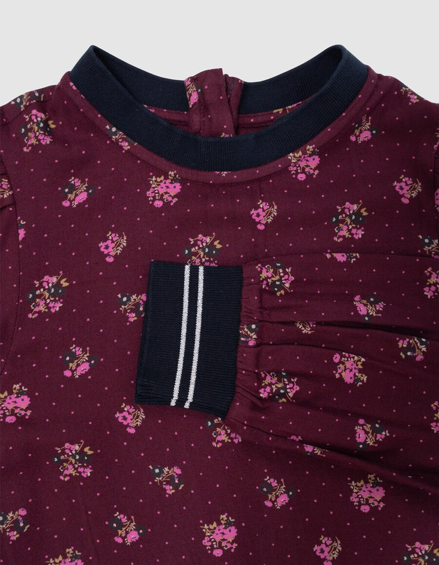 abito da bambina a maniche lunghe color bordeaux con stampa a bouquet