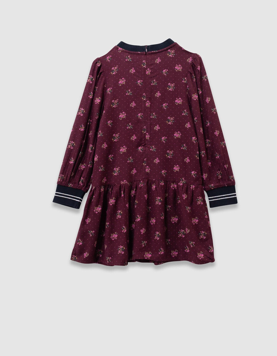 abito da bambina a maniche lunghe color bordeaux con stampa a bouquet