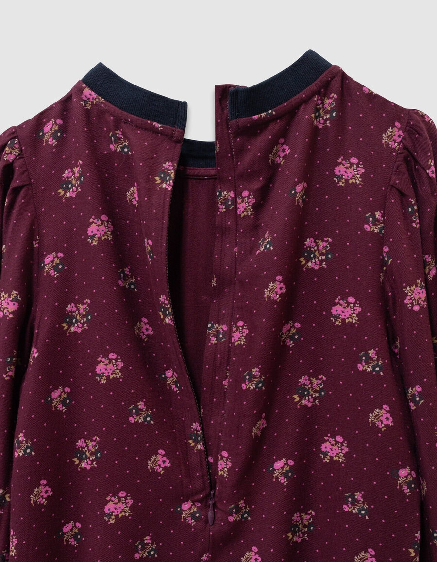 abito da bambina a maniche lunghe color bordeaux con stampa a bouquet