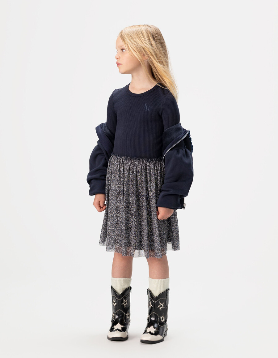 abito da bambina in tulle misto blu navy e leopardato con fiocco