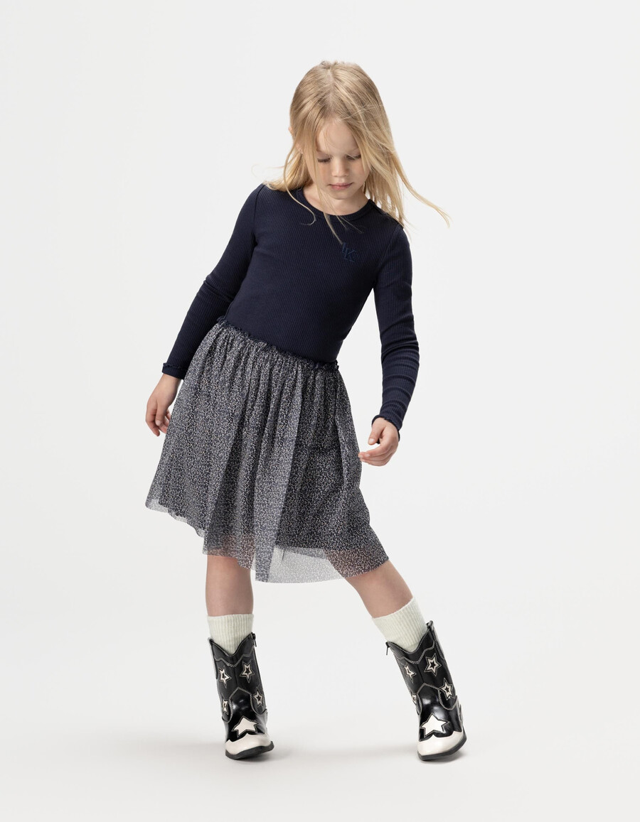 abito da bambina in tulle misto blu navy e leopardato con fiocco