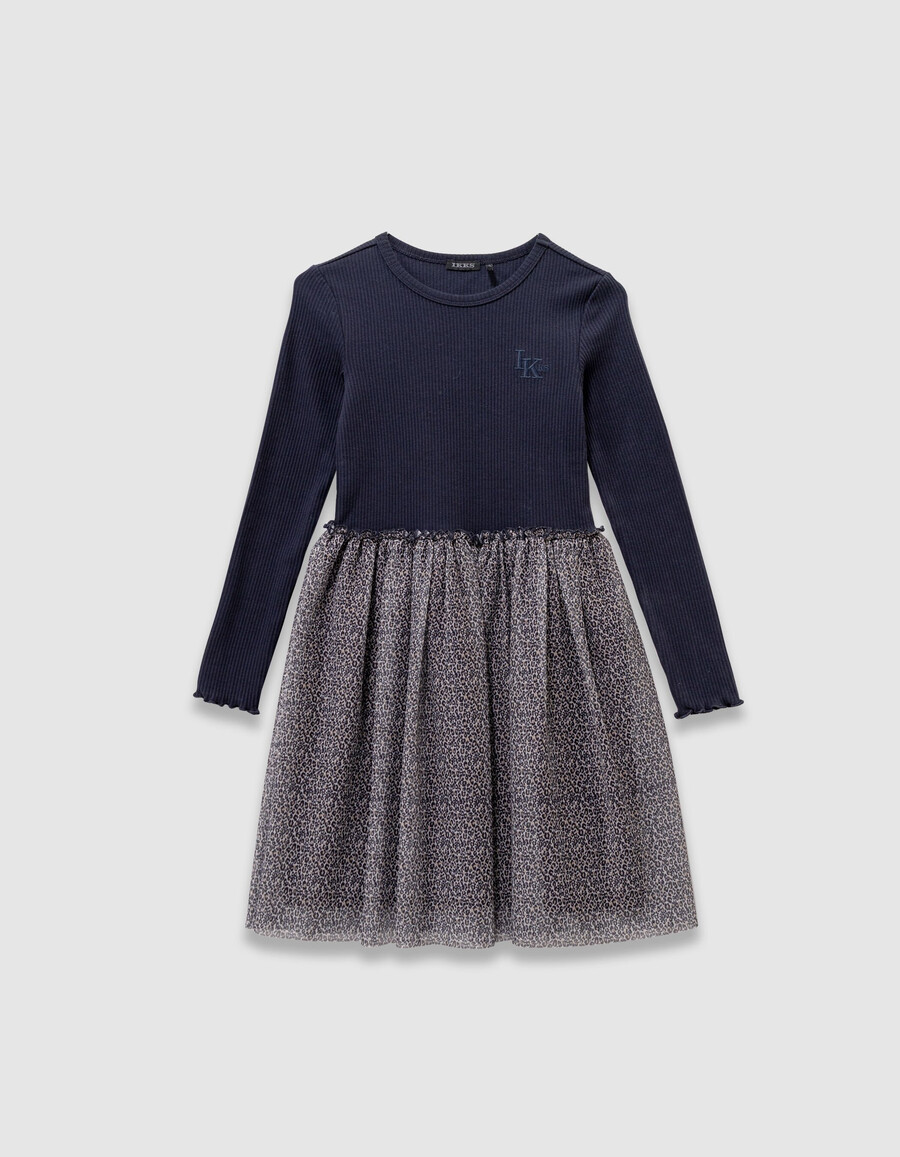 abito da bambina in tulle misto blu navy e leopardato con fiocco