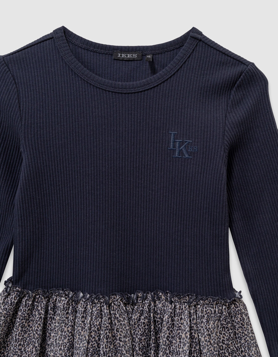 abito da bambina in tulle misto blu navy e leopardato con fiocco