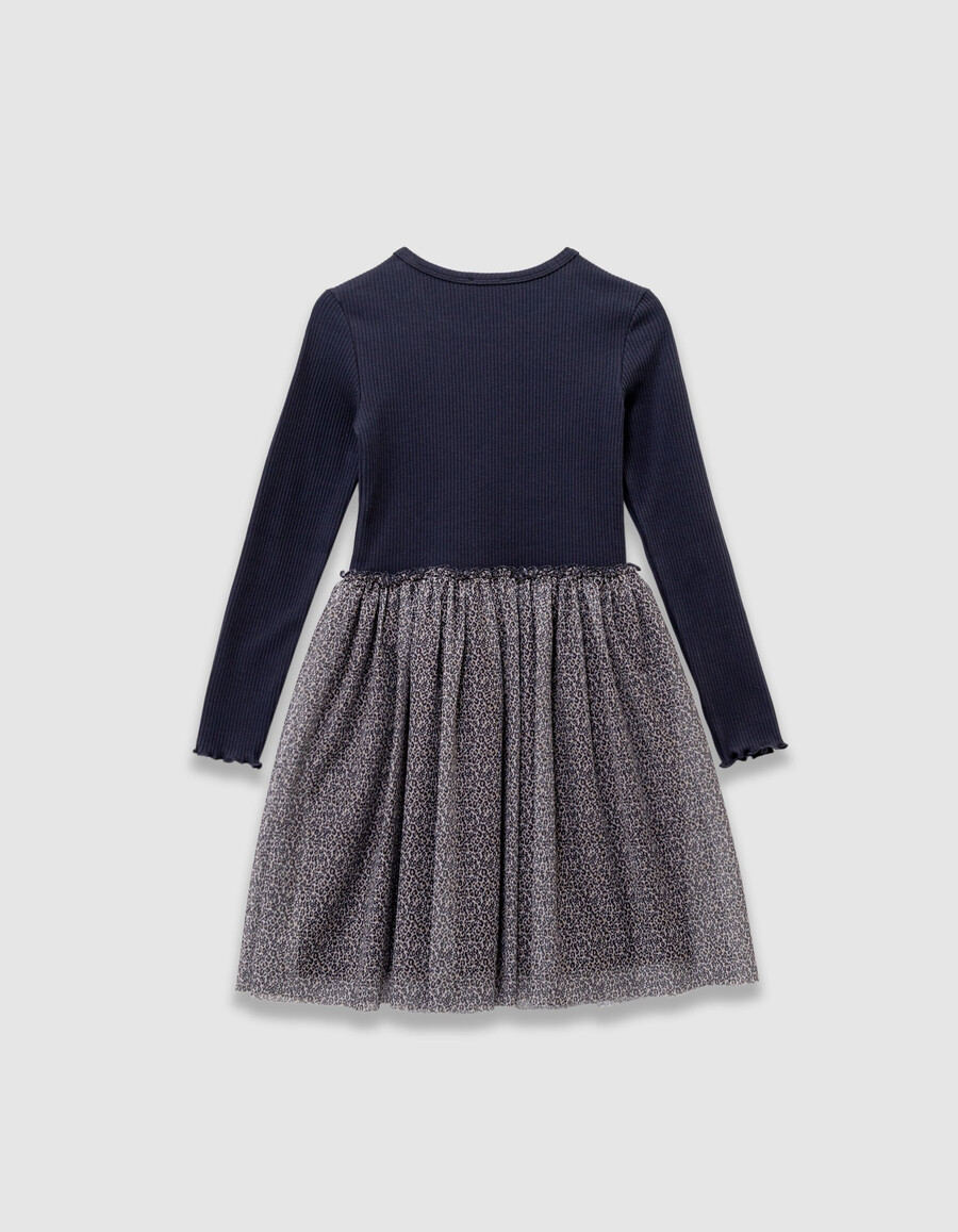 abito da bambina in tulle misto blu navy e leopardato con fiocco