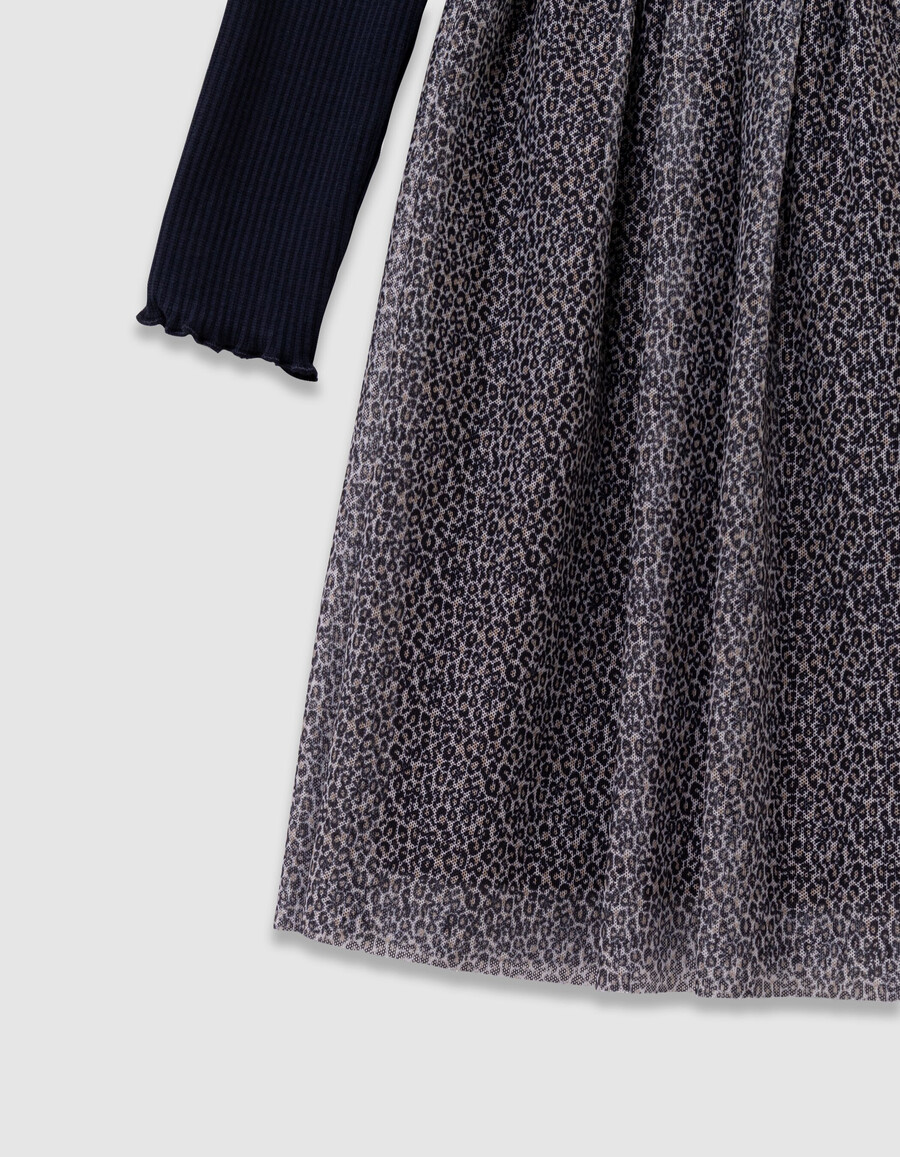 abito da bambina in tulle misto blu navy e leopardato con fiocco