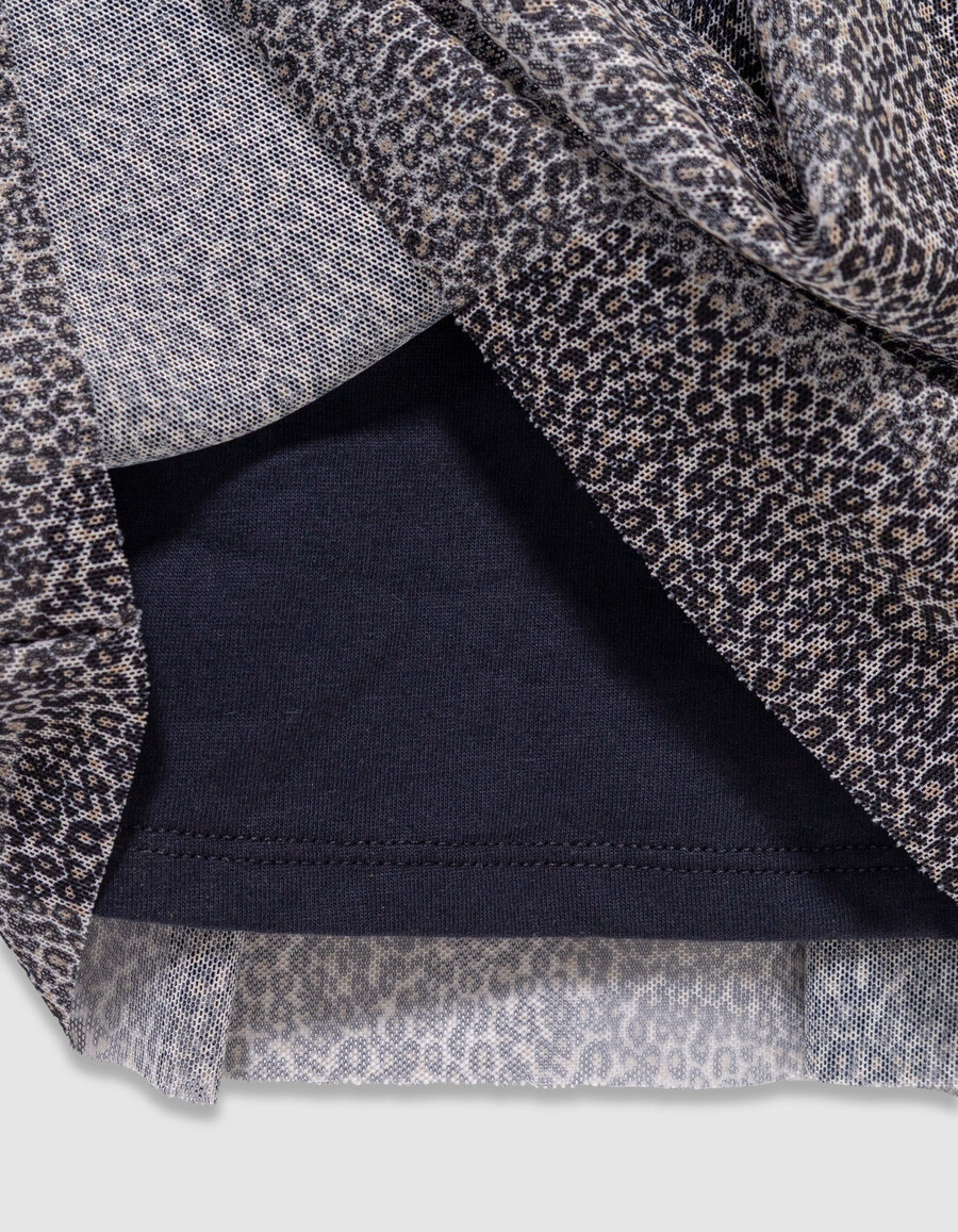 abito da bambina in tulle misto blu navy e leopardato con fiocco