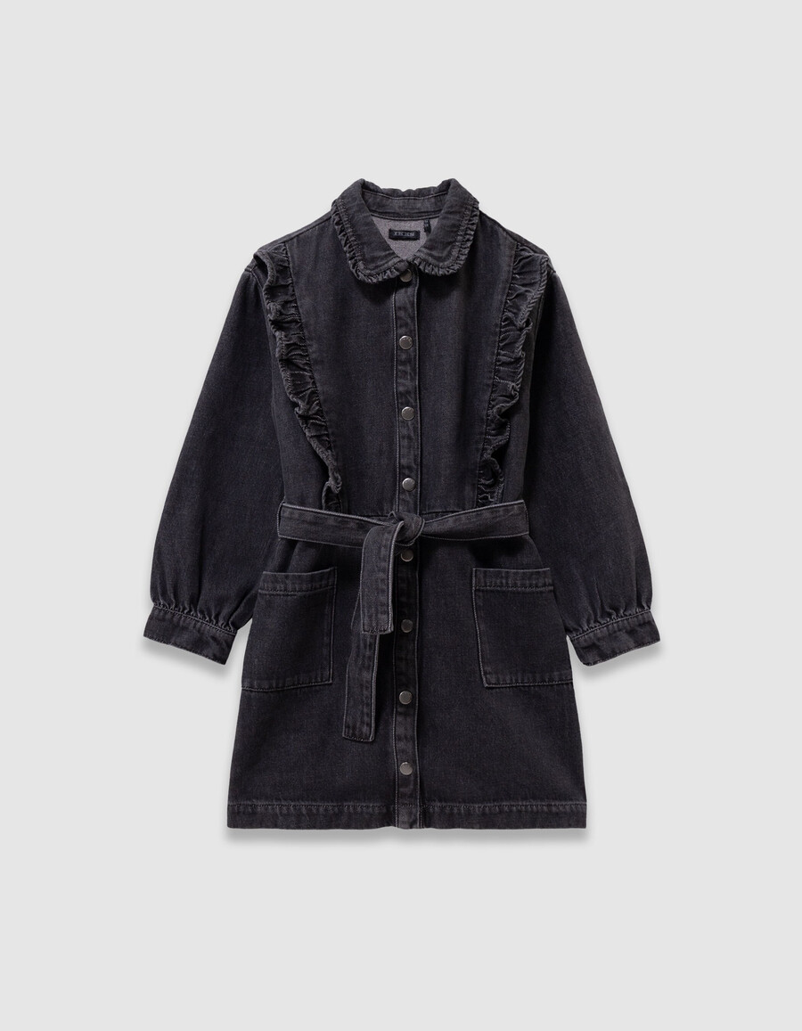 abito in denim grigio con cintura e dettagli arricciati per bambine