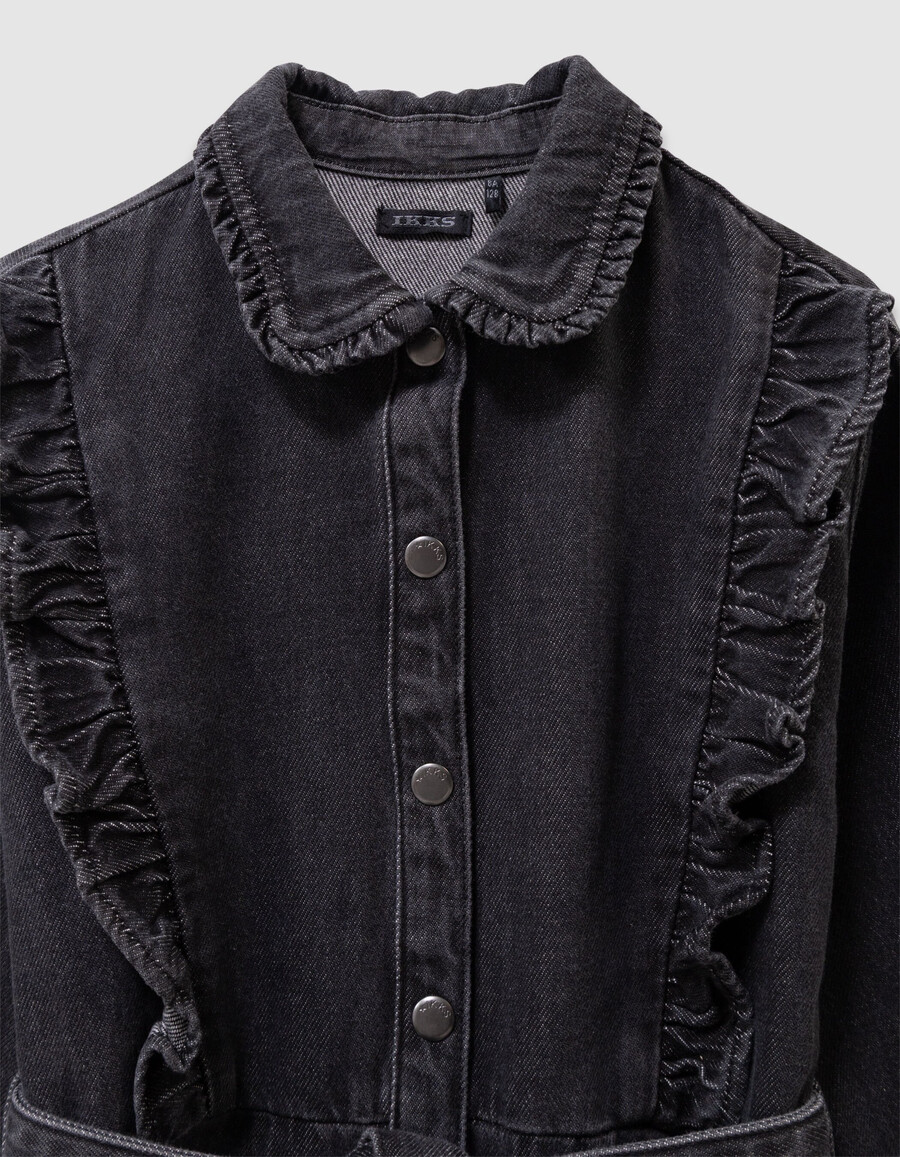 abito in denim grigio con cintura e dettagli arricciati per bambine
