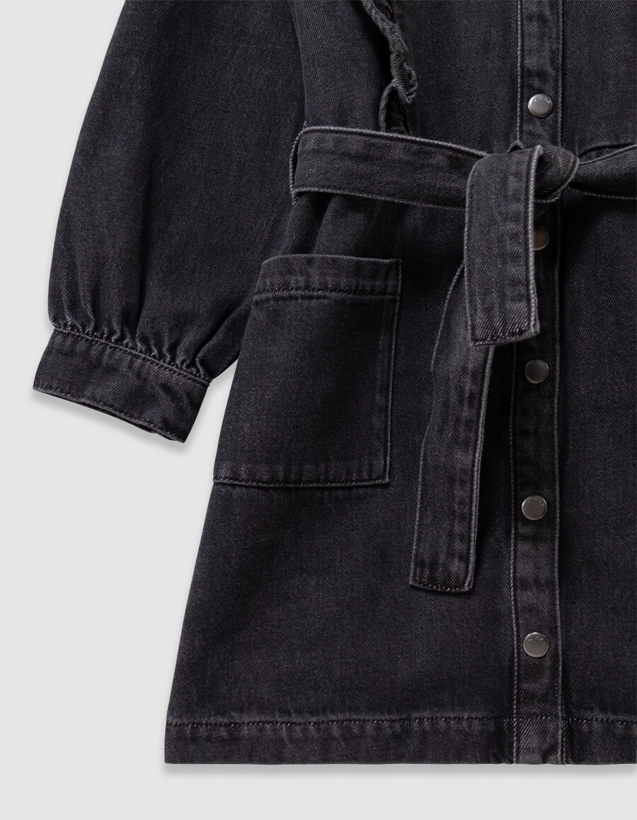 abito in denim grigio con cintura e dettagli arricciati per bambine
