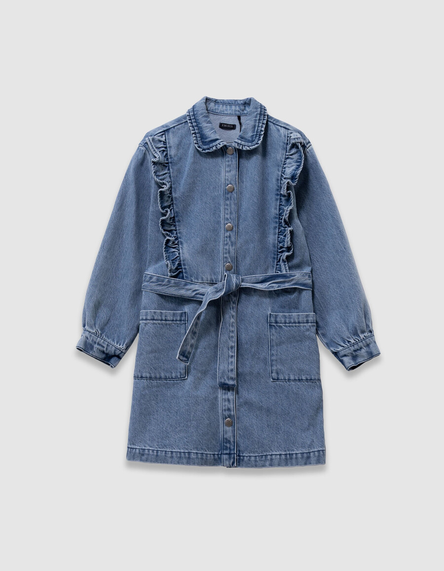 abito in denim blu con cintura e dettagli arricciati per bambine