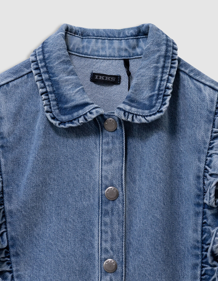 abito in denim blu con cintura e dettagli arricciati per bambine