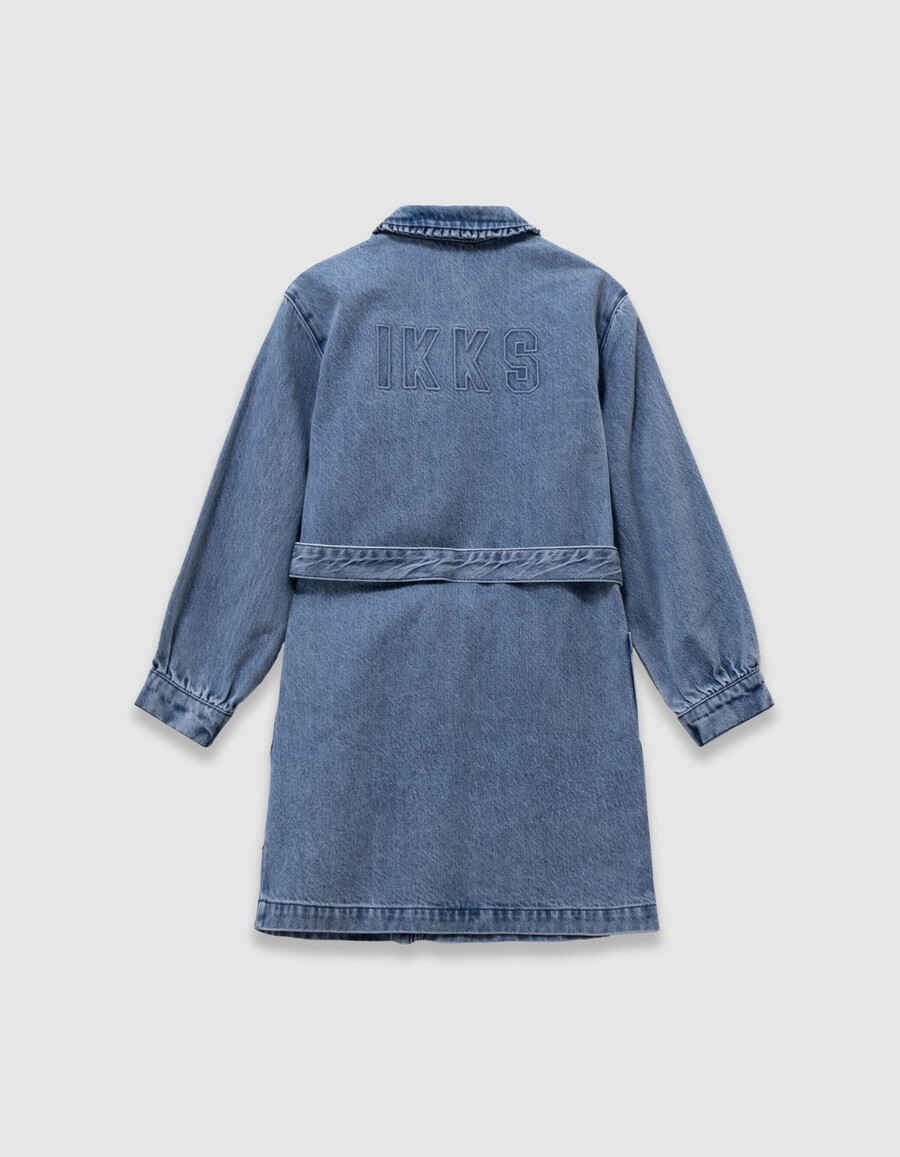 abito in denim blu con cintura e dettagli arricciati per bambine
