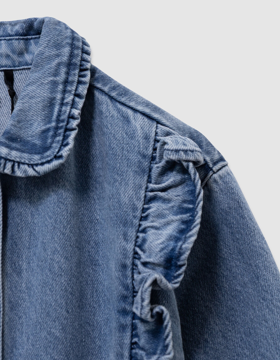 abito in denim blu con cintura e dettagli arricciati per bambine