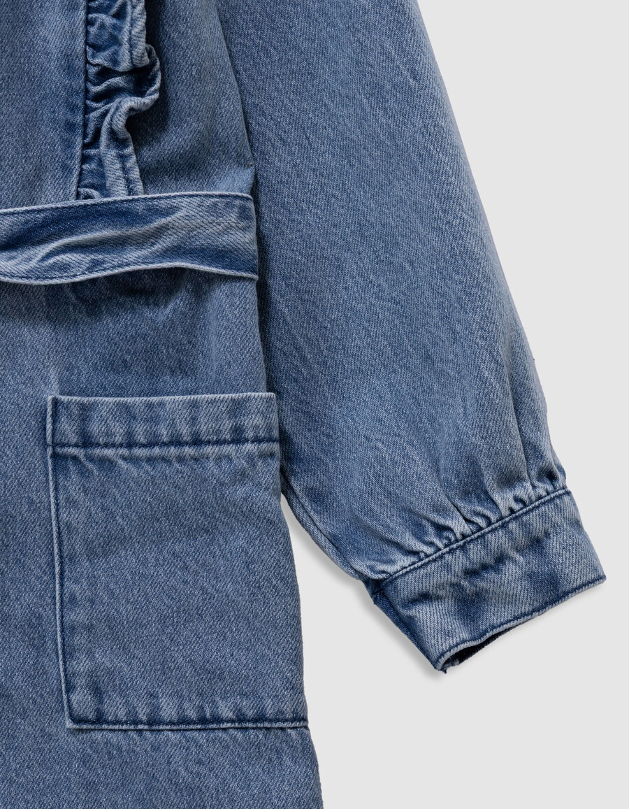 abito in denim blu con cintura e dettagli arricciati per bambine
