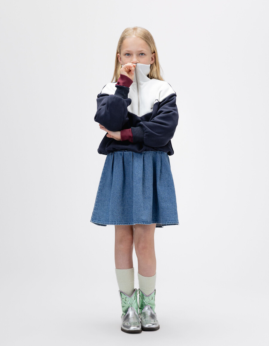 vestito in denim 2 in 1 e felpa con zip sul collo per bambine