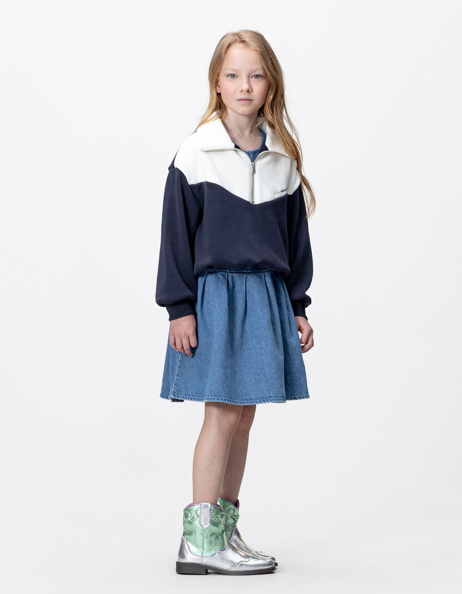 vestito in denim 2 in 1 e felpa con zip sul collo per bambine