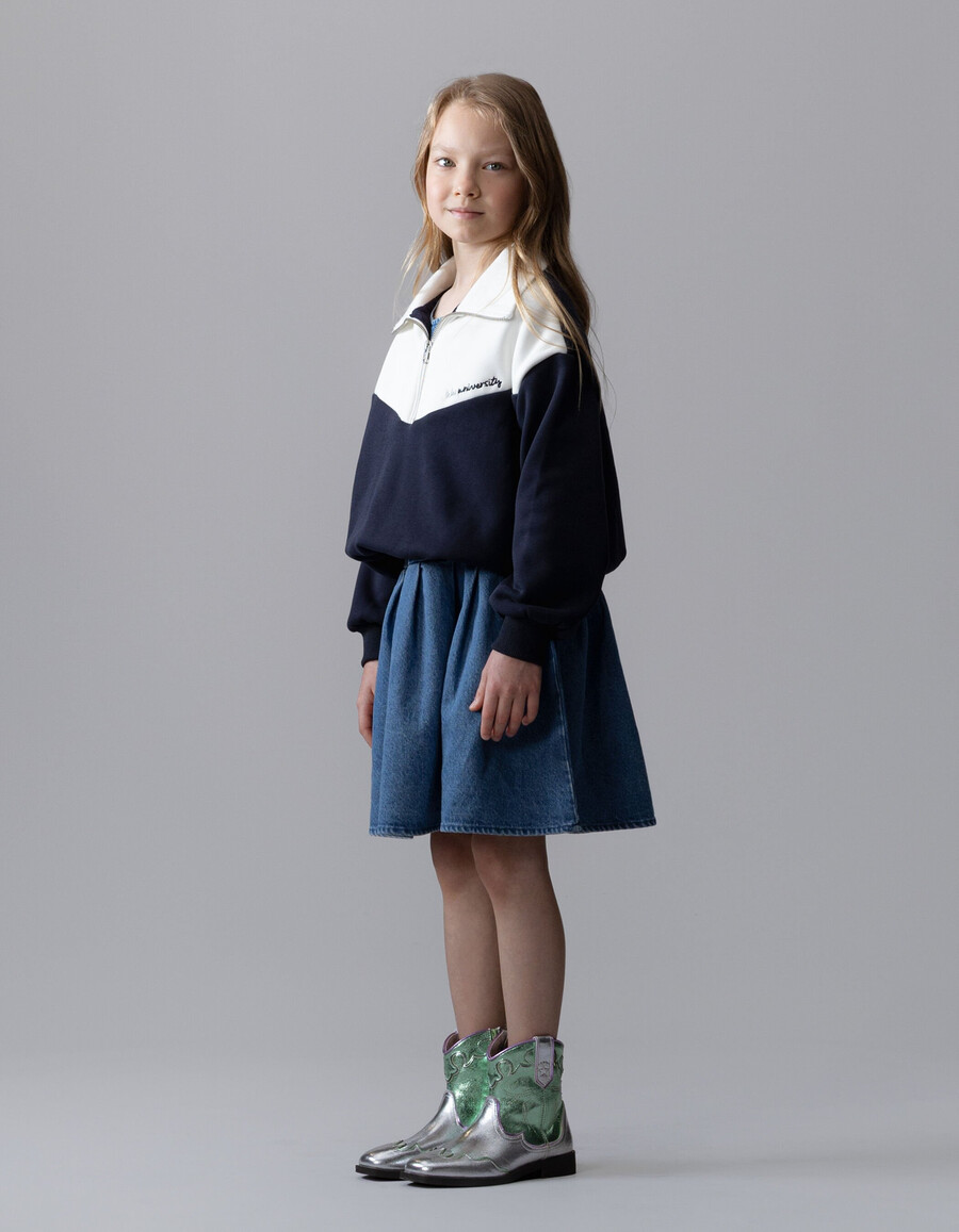 vestito in denim 2 in 1 e felpa con zip sul collo per bambine