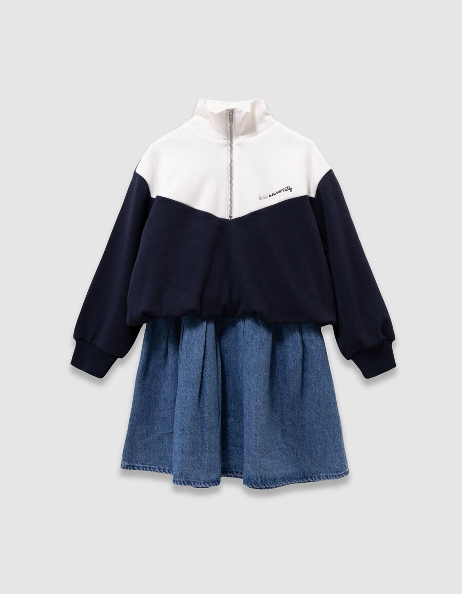 vestito in denim 2 in 1 e felpa con zip sul collo per bambine