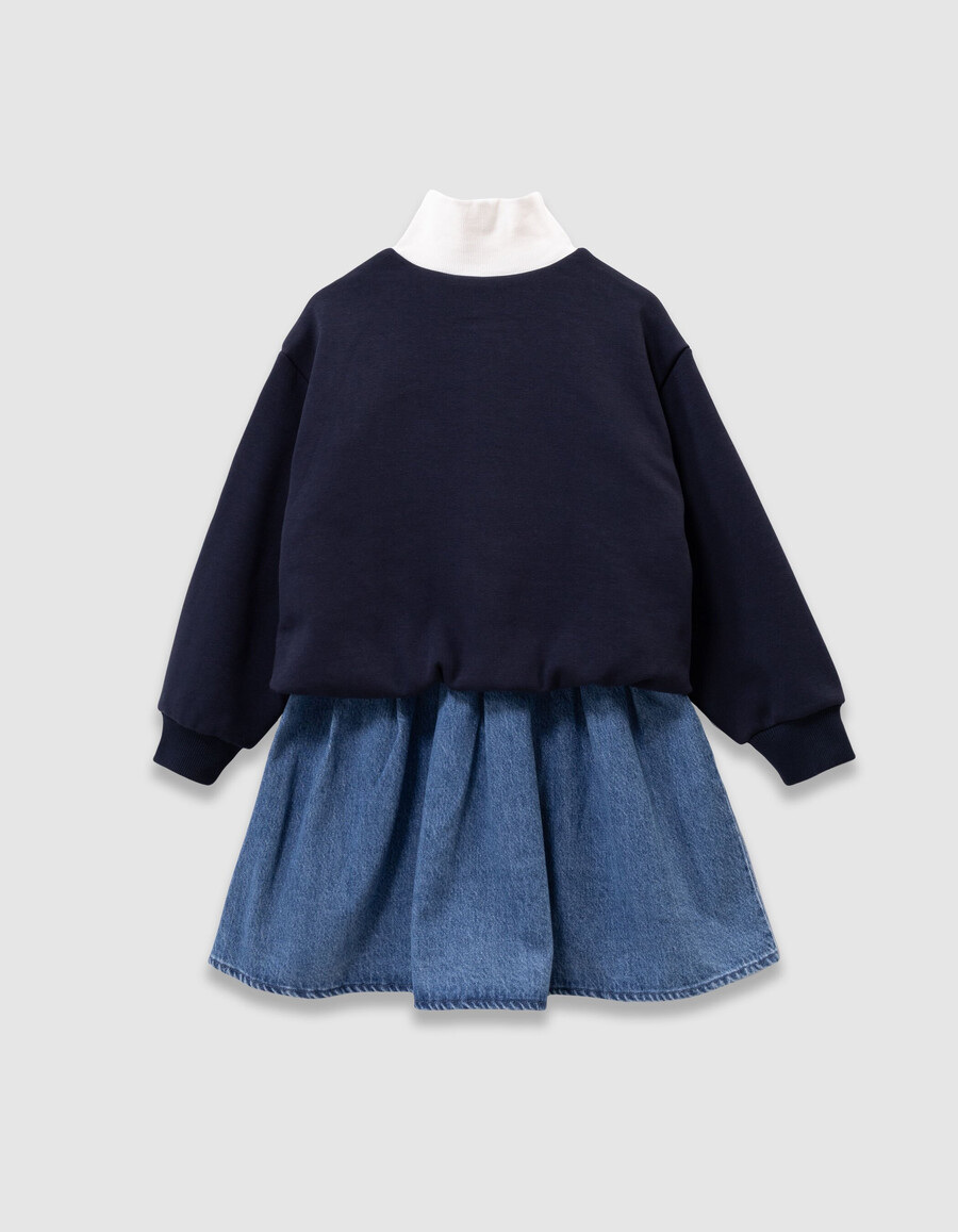 vestito in denim 2 in 1 e felpa con zip sul collo per bambine