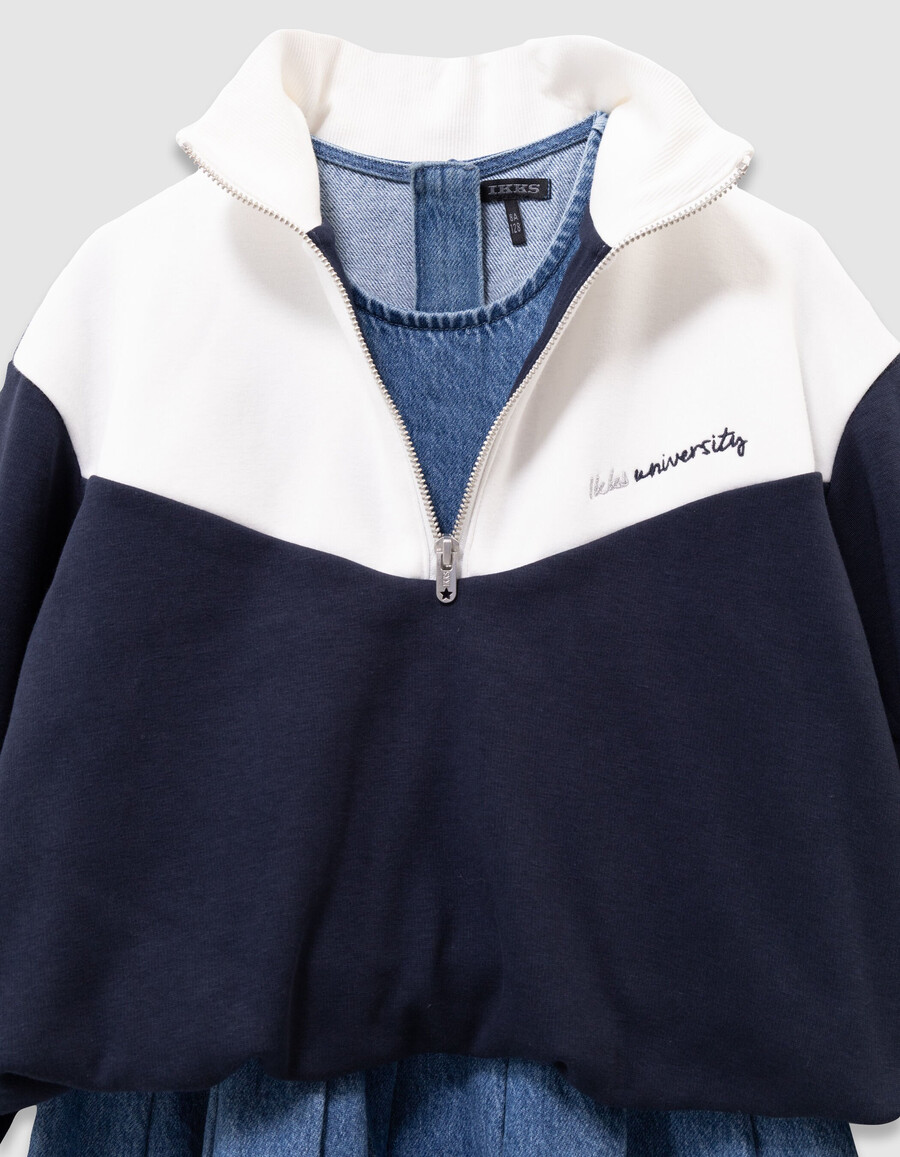 vestito in denim 2 in 1 e felpa con zip sul collo per bambine