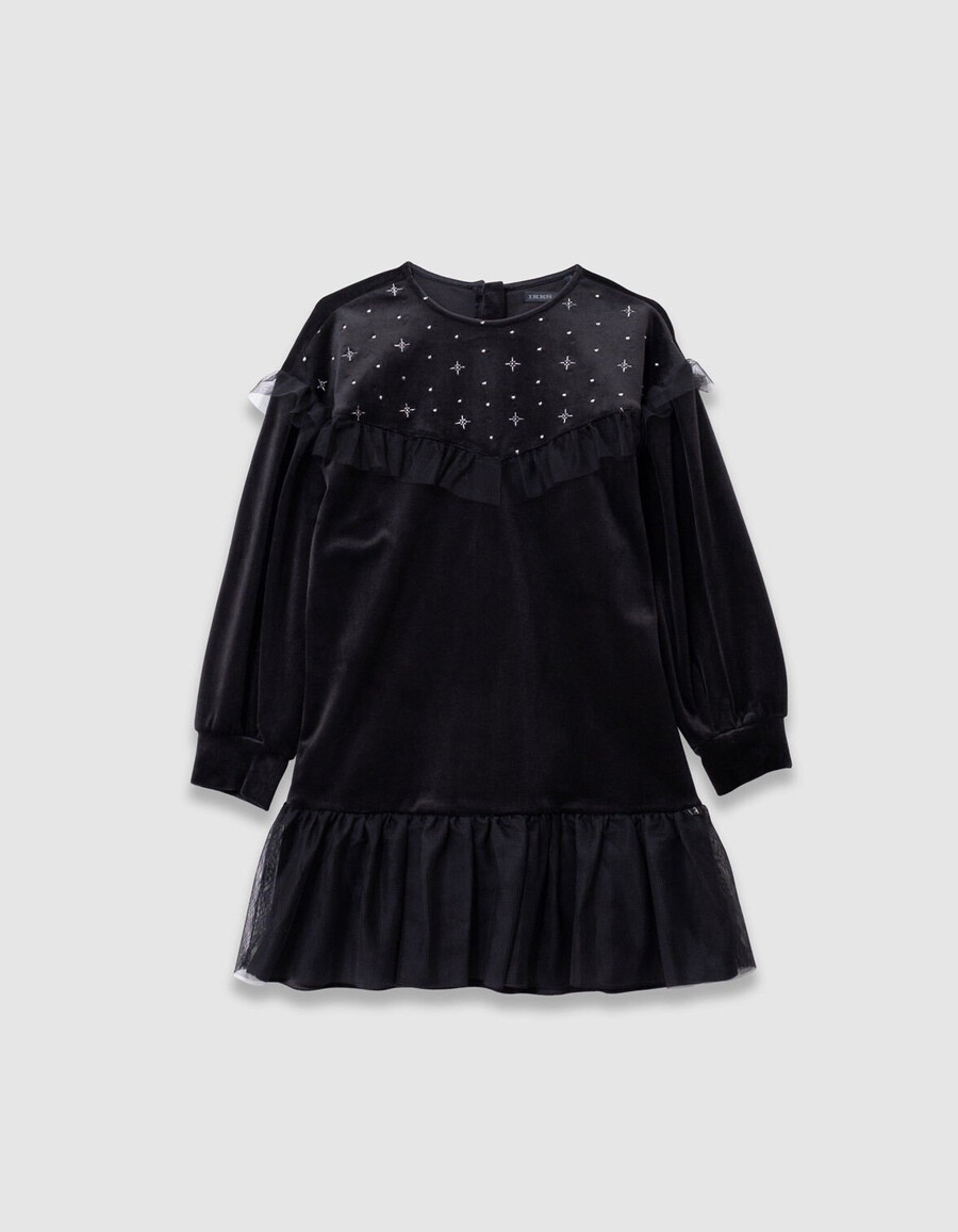 abito da bambina in velluto nero ricamato con volant in tulle