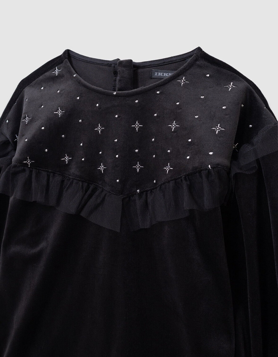 abito da bambina in velluto nero ricamato con volant in tulle