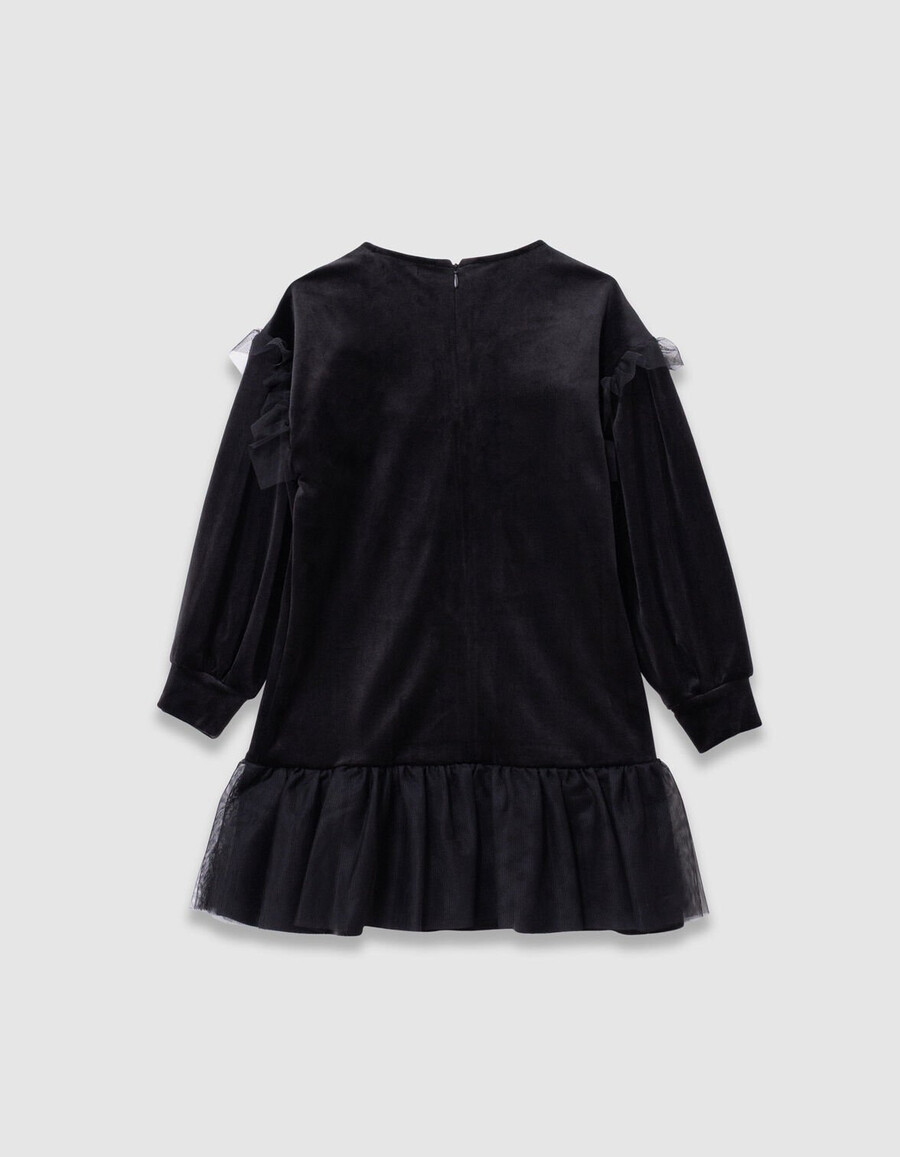 abito da bambina in velluto nero ricamato con volant in tulle