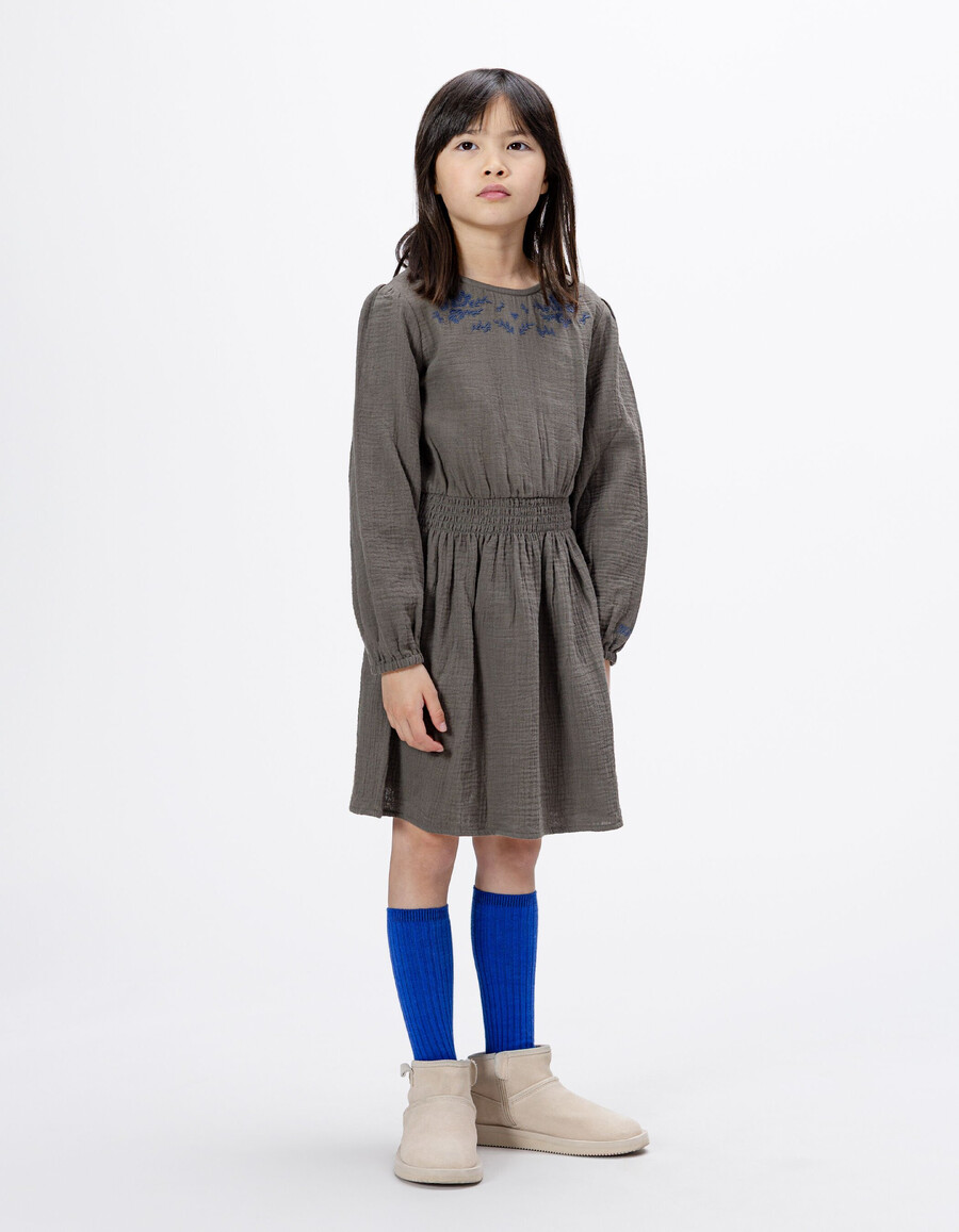 abito color cachi per bambine con ricamo floreale blu navy
